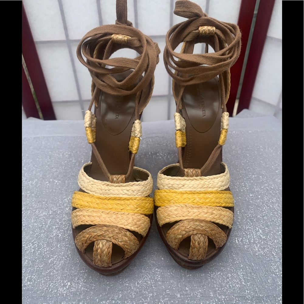 Bottega Veneta Raffia Braided Wedge Brown, Beige and Yellow Sandal Size